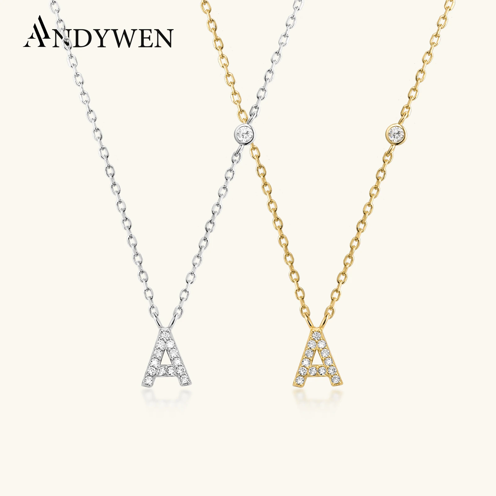 ANDYWEN-colgante de plata de ley 925 con 26 letras pequeñas, A-Z, circonita CZ, collar con monograma, alfabeto inicial 2020, joyería M A