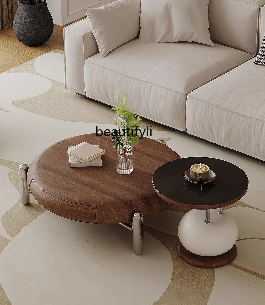 

zxMedieval style designer black walnut coffee table light luxury high-end living room round coffee table combination