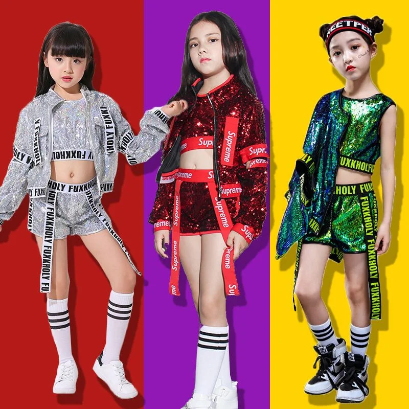 2023 Fashion Boys Hip-hop Set Girl Silver Color Jazz Dance Costume Children Performance Clothes Dance Costume Cool Rave Outfits