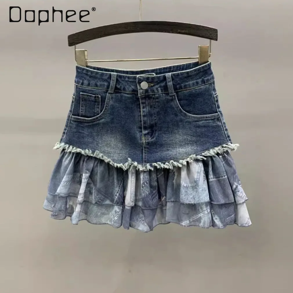 Women's Ruffle High Waist Denim Skirt Mesh Patchwork Summer Vintage Raw Edge A- Line Wrap Hip Mini Skirt Y2k Streetwear