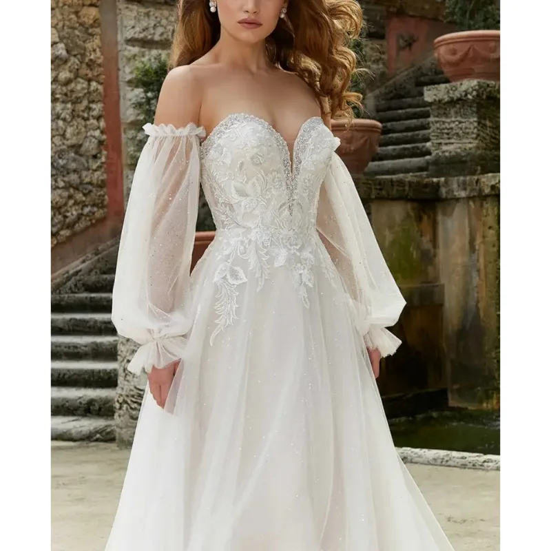 Off Shoulder Tulle Wedding Dresses for Brid Lace Applique Princess Bridal Gown Beaded Puffy Prom Evening Dress