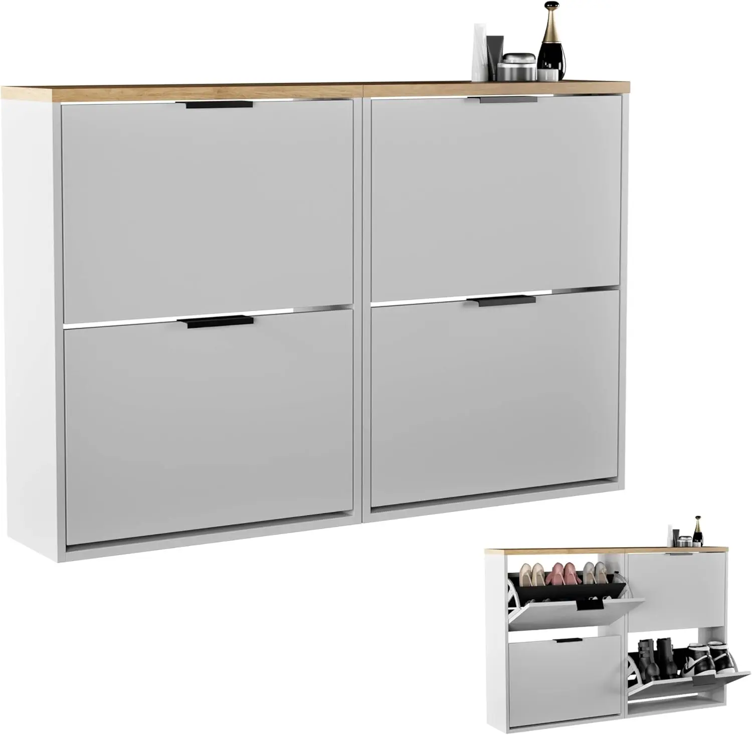 mit 2 Klappen platzsparender Schuhregal mit 4 Ablagen, Schuhkommode für Zifferblatt, Flur, Garderobe 60 x 23 x 80,5 cm, weiß grau