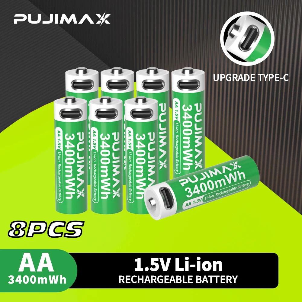 PUJIMAX 8/6/4PCS 1.5V AA 3400mWh Battery Rechargeable Lithium Batteries Fast Charging Li-ion Battery for Remote Control Mouse Electric Toys 10000 Cycles with Free USB- C Cables