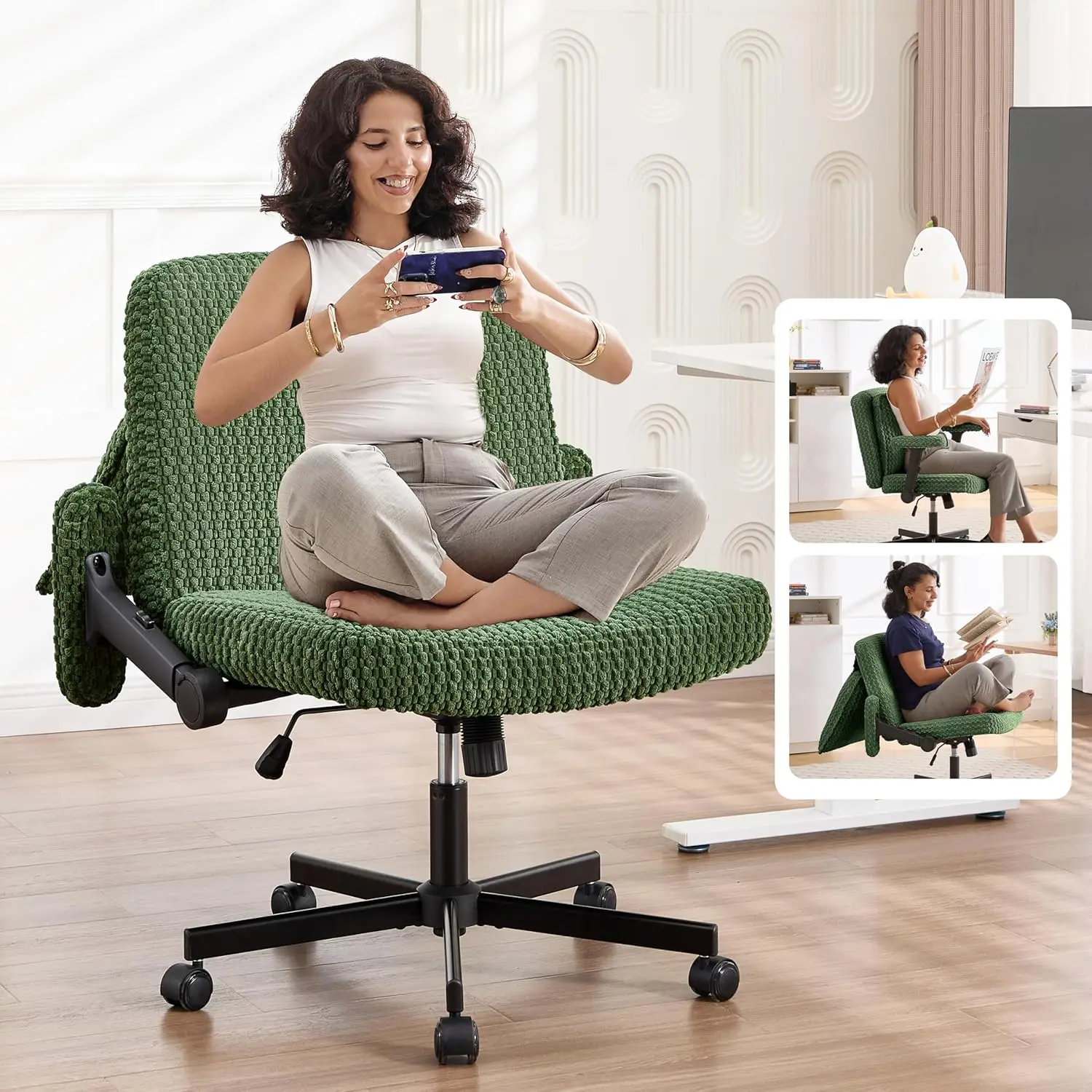 

Criss Cross Chair,Cross Legged Chair with Wheels and Arms,27" Extra Wide Seat Office Desk Chair with Flipable Back, Customized