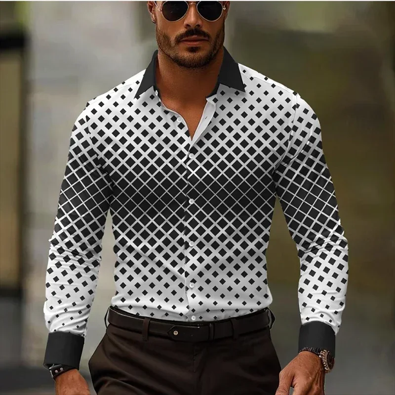 16-color 2024 business casual men's 3D printing shirt official spring and summer lapel long-sleeved black and white XS-6XL