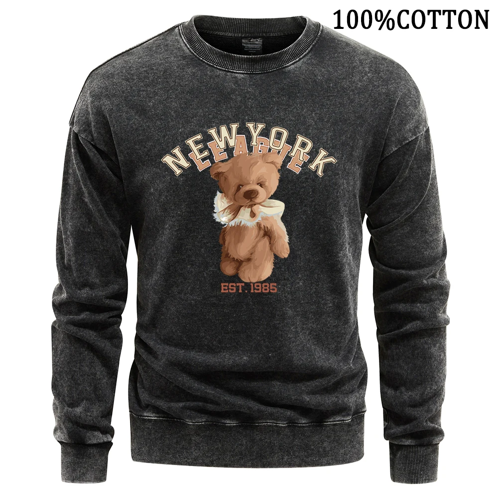 New York League Letter Cartoon Bear Man Sweatshirt Retro Washed Hoodie Oversize Crewneck Cotton Hoody Simple Sweatshirts Tops