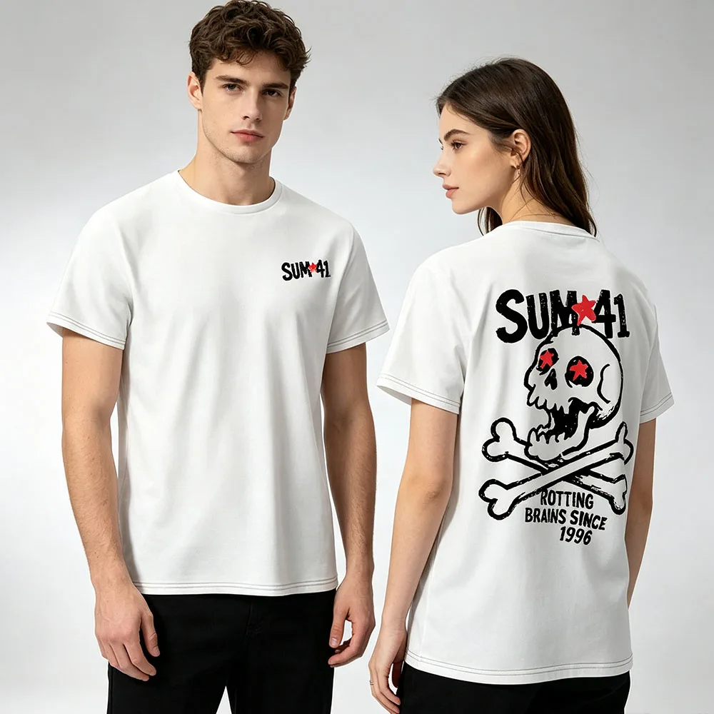 Rotting Brains Tee Men Women Sum 41 Skull Crossbone Print T‑Shirt Short Sleeve Crew Neck Graphic Tshirts Couple Streetwear Tops