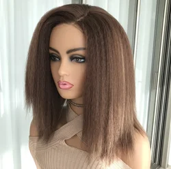 Highlight Blonde Kinky Straight Short Bob Wig Synthetic Wear Go Glueless Wig for Women Pre Plucked Side Part Yaki Wig 12inch