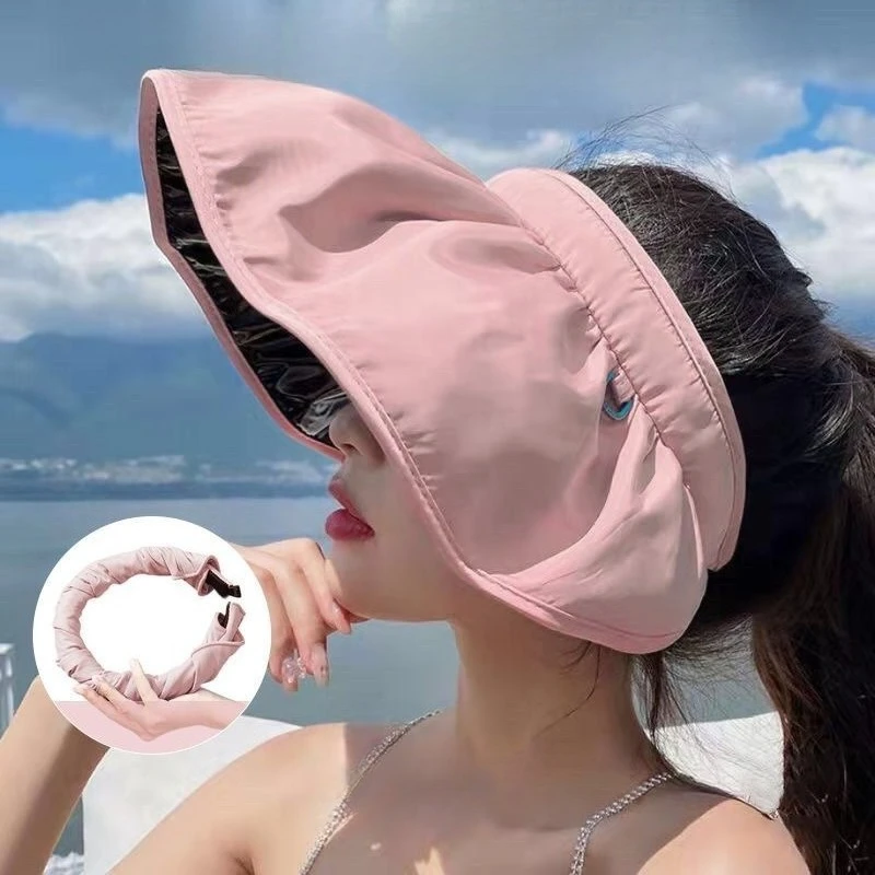UPF50+ Women Empty Top Sun Hat Foldable Headband Cap Korean Girl Large Brim Sunscreen Shell Cap Summer Beach UV Protection Visor