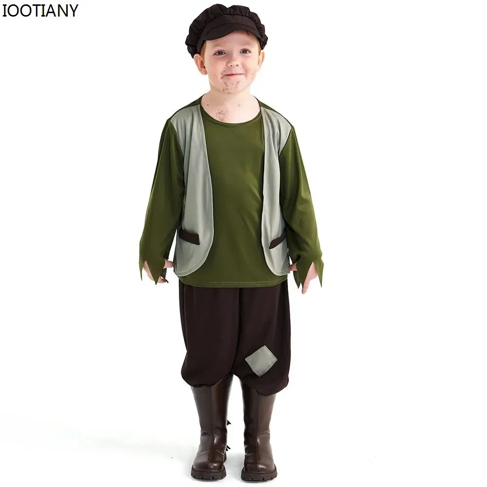 

Cosplay Children Boys Girls Newspapers Postman Beggar Top Pants Hat Set Kids Halloween Cosplay Costumes Role Play Outfit 2024