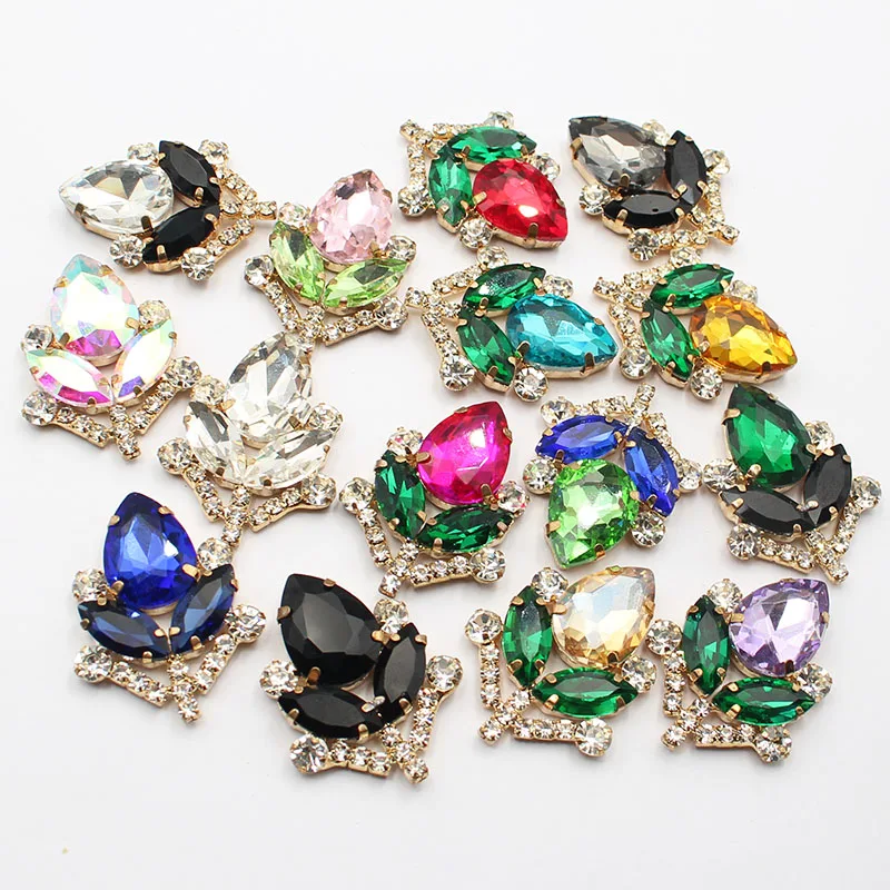 LKERAN 10 pieces 27 * 35MM Colorful Leaf Rhinestone Button Clothing DIY Wedding Clothing Metal Handicraft Decoration Accessories