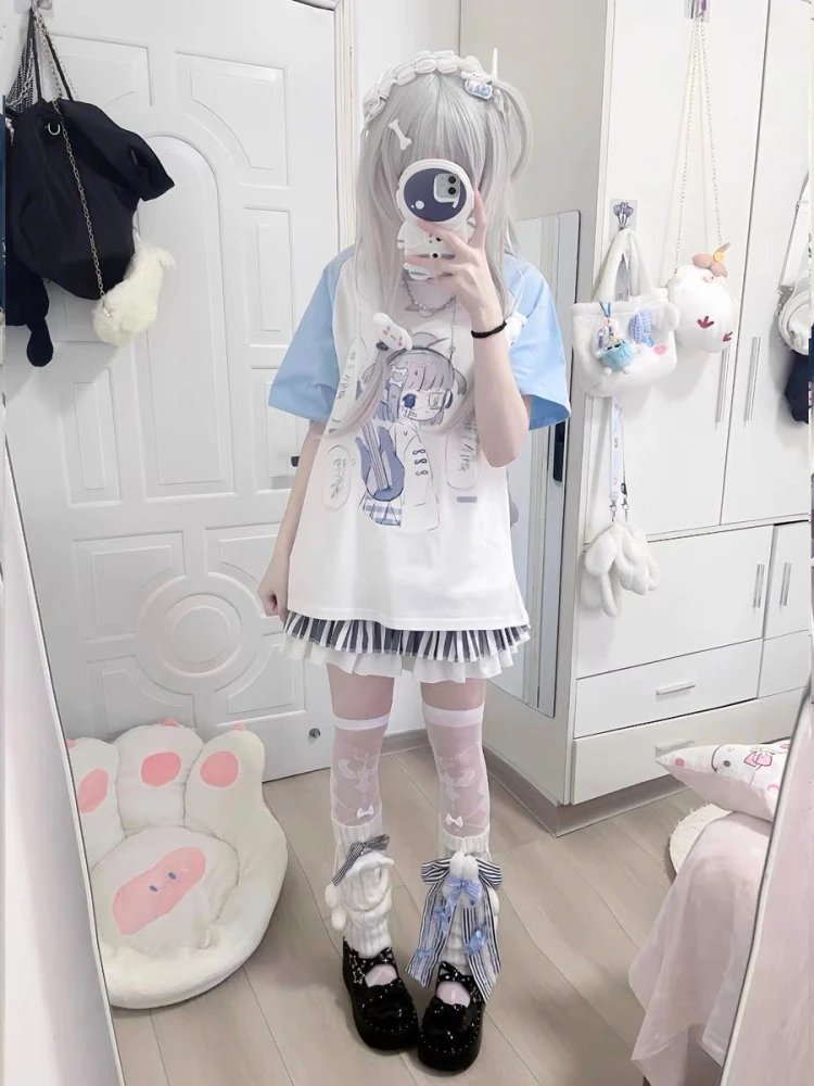 Cseta de Manga Corta para Mujer, Estilo Veraniego, Nueva, Subcultura Japonesa, Bloques de Color, Estilo Dulce, Estampado I...