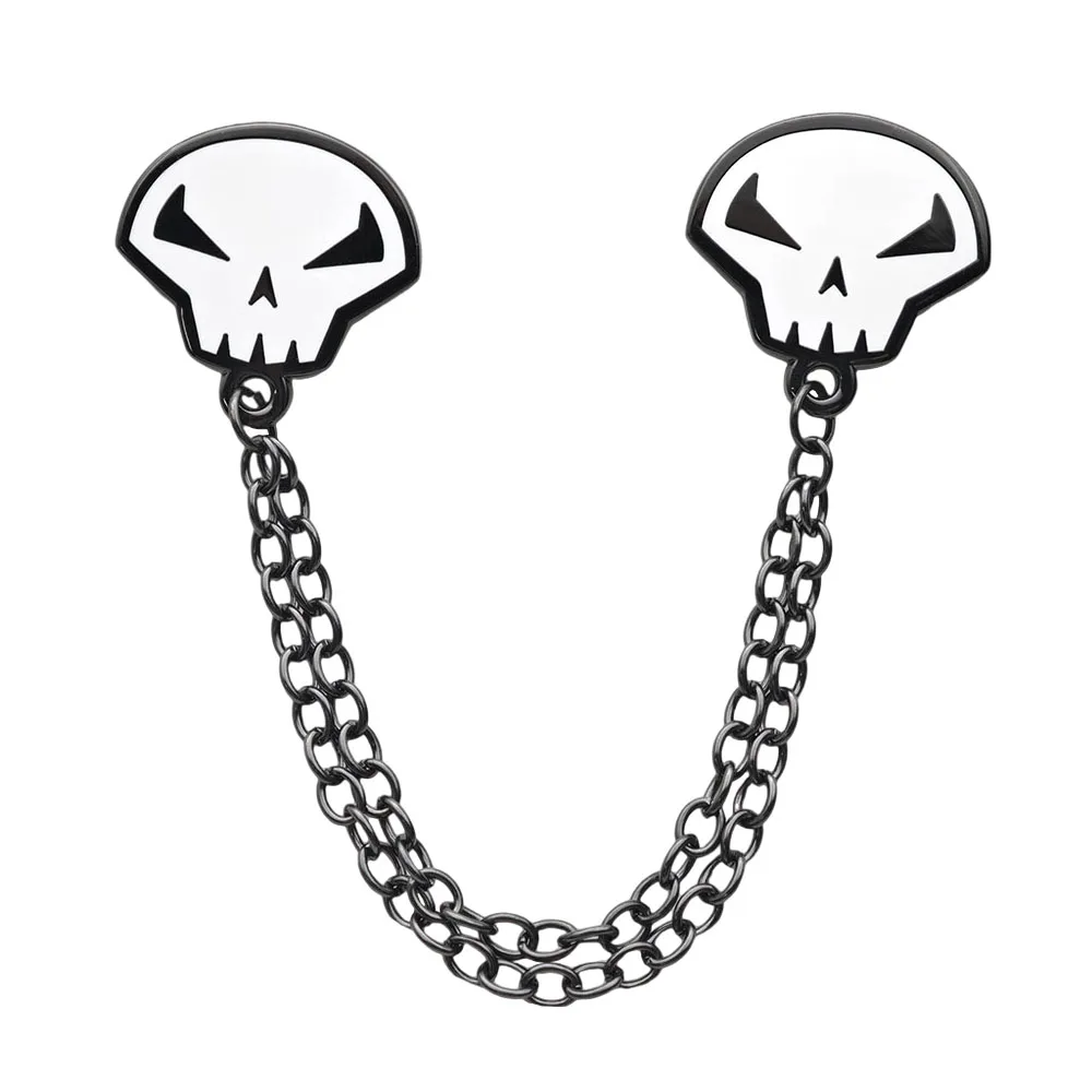 Halloween Gothic Doppel-Totenkopf-Kettenbrosche, Punk-Skelettkopf-Metallabzeichen, Kragenpin, Quasten-Ketten-Reversnadeln, Schmuckgeschenk – Detail 1