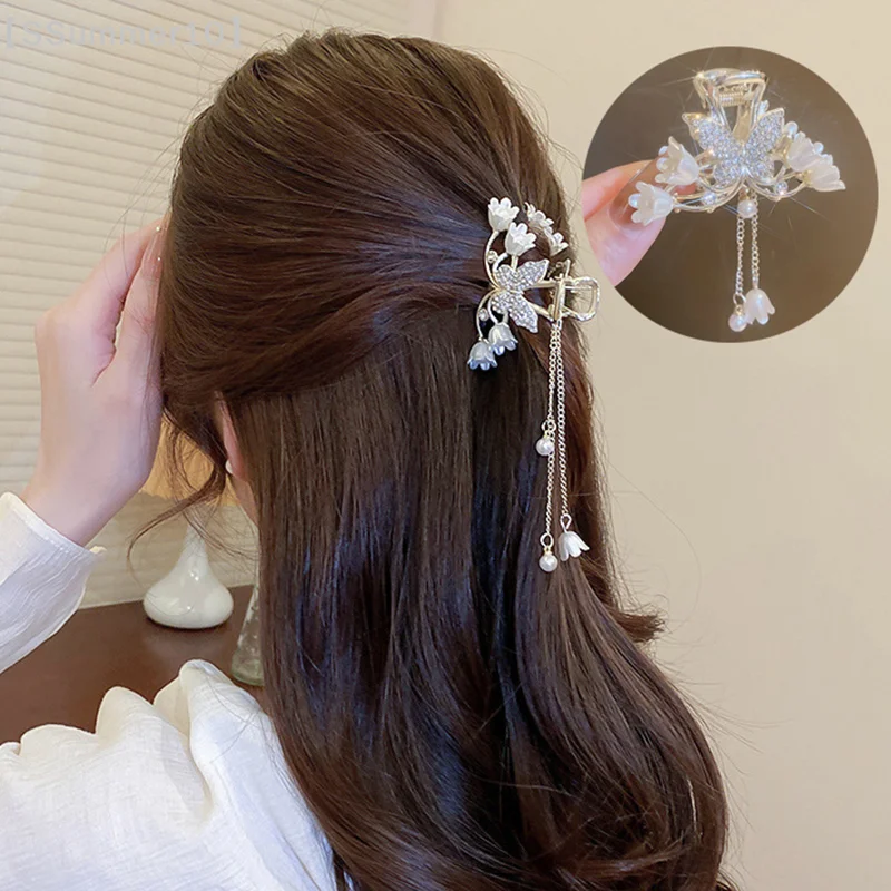 

【SSummer10】Elegant Pearl Butterfly Orchid Tassel Hair Claw - Half-Tie Fairy Crab Fashion Accessory【SS】
