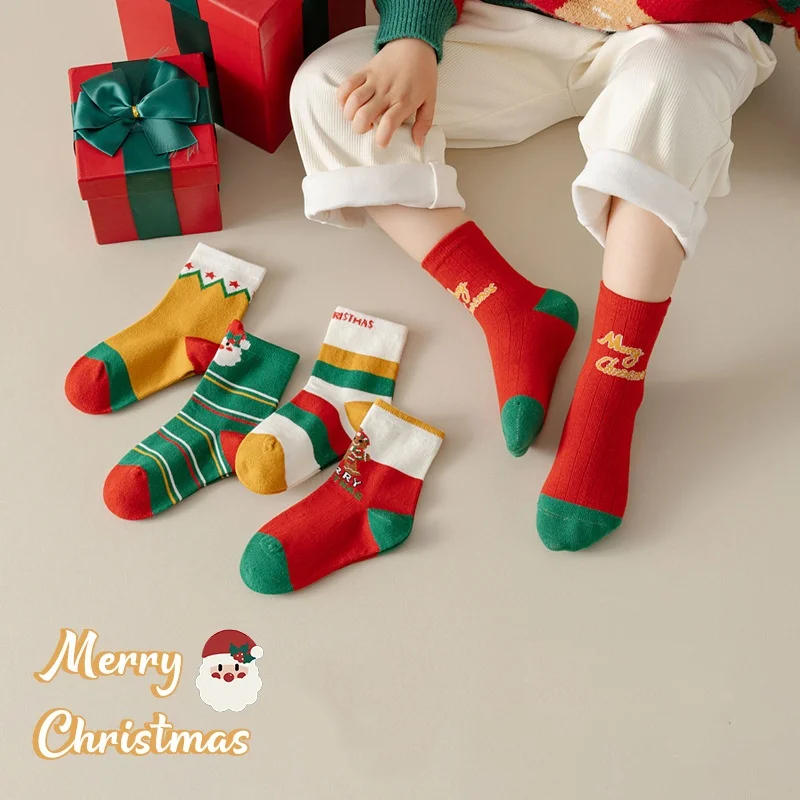 

5Pairs/lot Kids Christmas Socks For Girls Boys Autumn Winter New Children Cute Festive Cartoon Cotton Toddler Xmas Sock 1-12Yrs