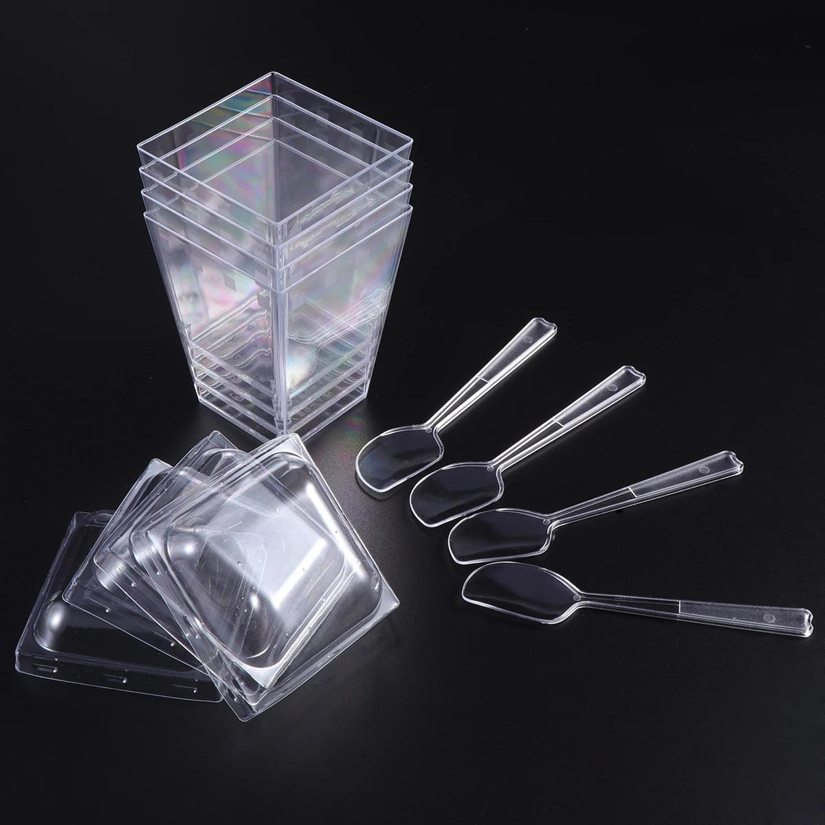 

25 Sets 150ML Square Jelly Cup Lid Spoon Sets Mini Dessert Cups Mousse Cups Set for Cake Shop Restaurant Bar MY-5875 (Random