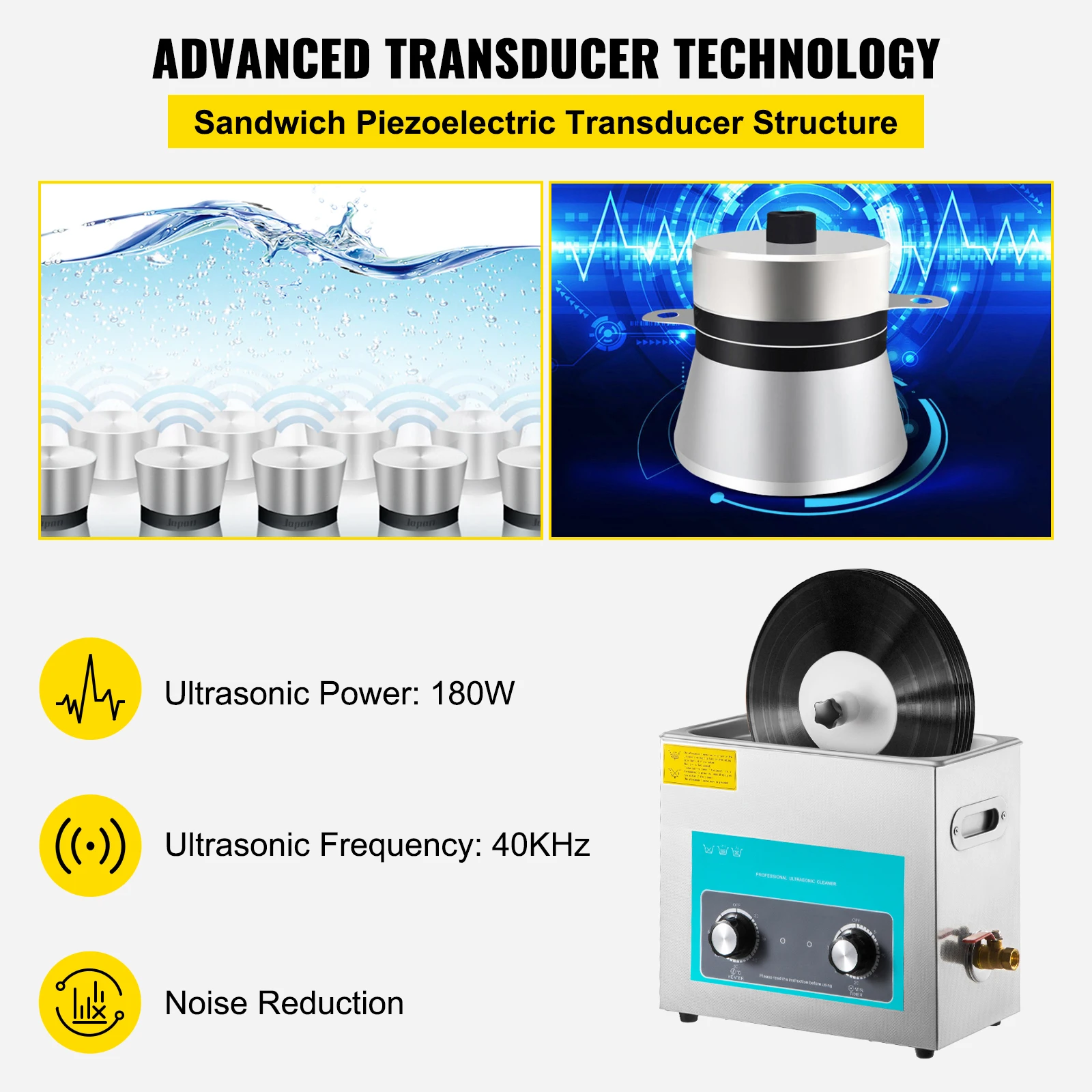 Vevor 6L ทำความสะอาดแผ่นเสียงไวนิลอัลตราโซนิคขนาด40kHz 180W เครื่องทำความสะอาดแบบไวนิล8เร็กคอร์ด