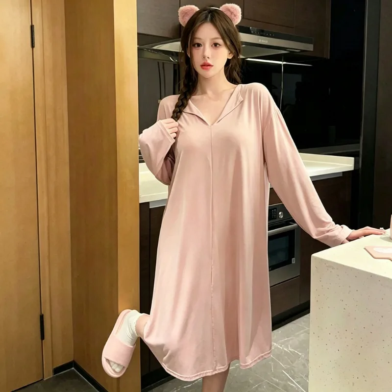 Pajamas Women Nightgown with Chest Pad Removable Sleepshirts Autumn V-neck Soft Large Size M-5XL Sleep Dress Loose Oversized