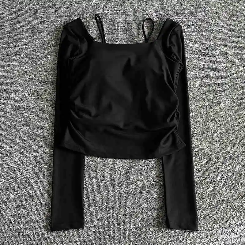 Yoga Long Sleeve Women's Autumn and Winter Semi Fixed Cups Spaghetti Straps Athletic T-shirt Waist Side Slim Fitness Clothing