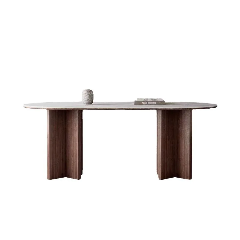 

Medieval retro oval rock slab dining table household solid wood dining table wabi sandy wind walnut dining table