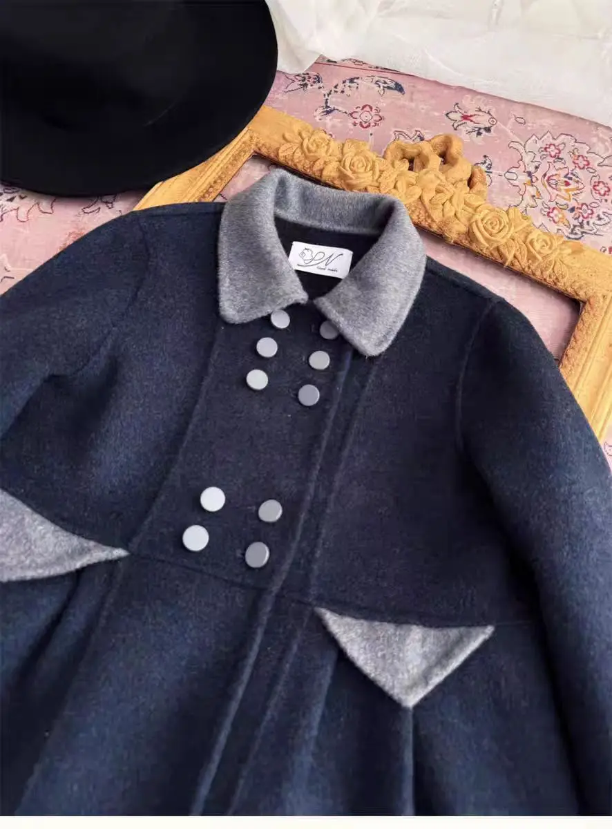 Vintage 100 % Wolle doppelseitiger Kaschmir handgemachter Kinderrock Marine Kragen Mantel Kinder Boutique Weihnachten warme Jacke – Detail 4