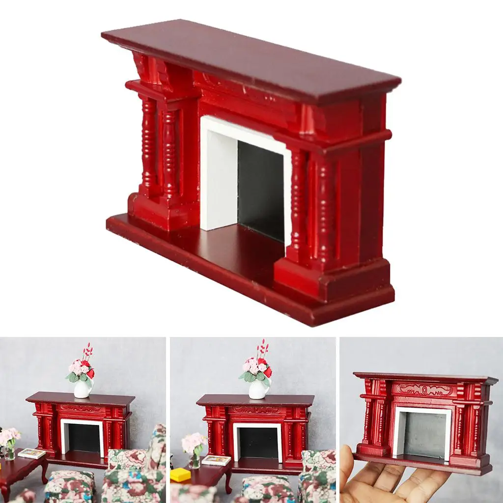 Perapian Miniatur Kayu Merah Simulasi Berdiri Bebas untuk 1/12 Furnitur Rumah Boneka Dekorasi Ruang Tamu Pemandangan DIY