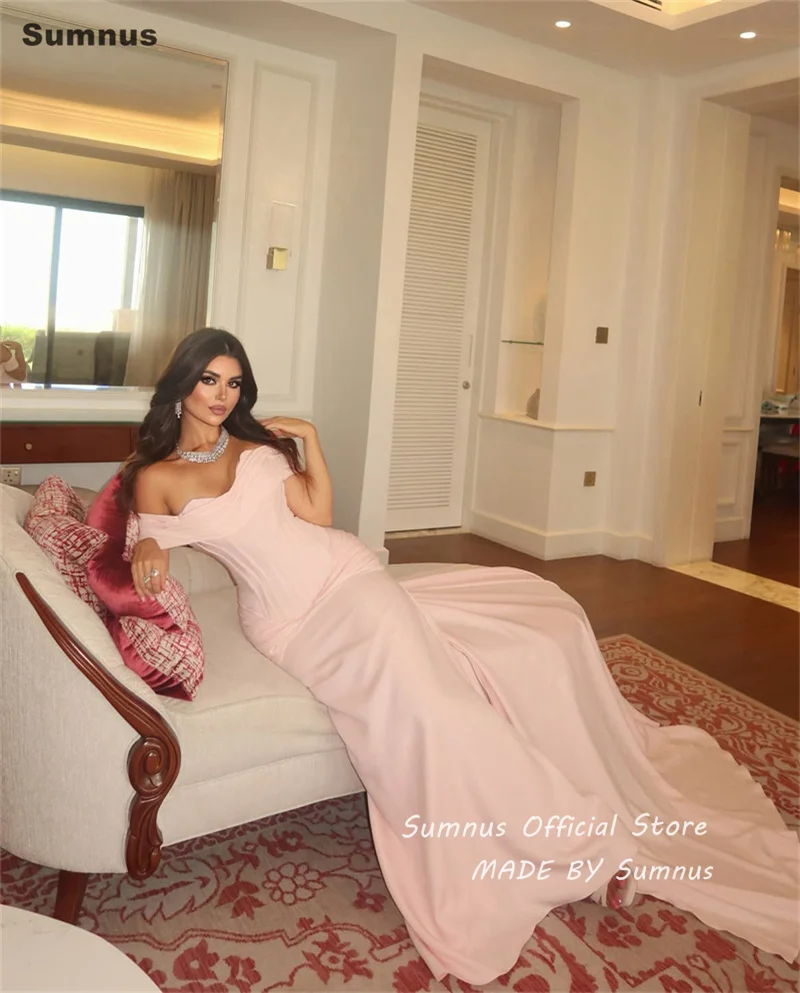 Sumnus Elegant Blush Pink Off Shoulder Mermaid Prom Dresses Pleated Sweep Train Evening Dresses vestidos de fiesta Customized