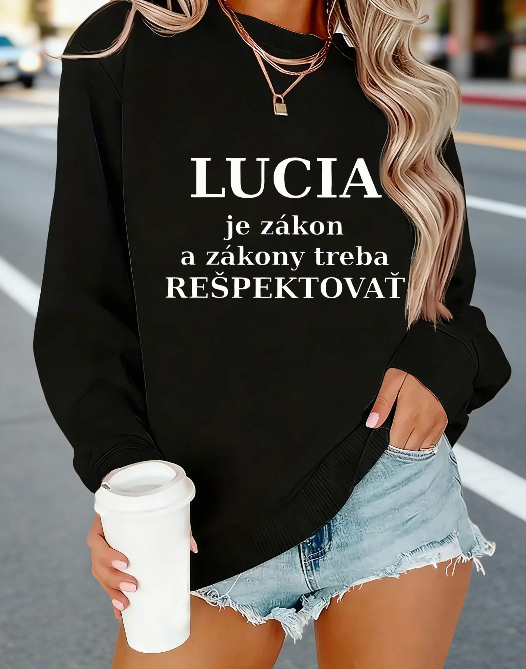 Sudadera de mujer LUCIA je zákon a zákony treba RESPEKTOVATop informal diario con cuello redondo y estampado de letras eslovacas para otoño y primavera