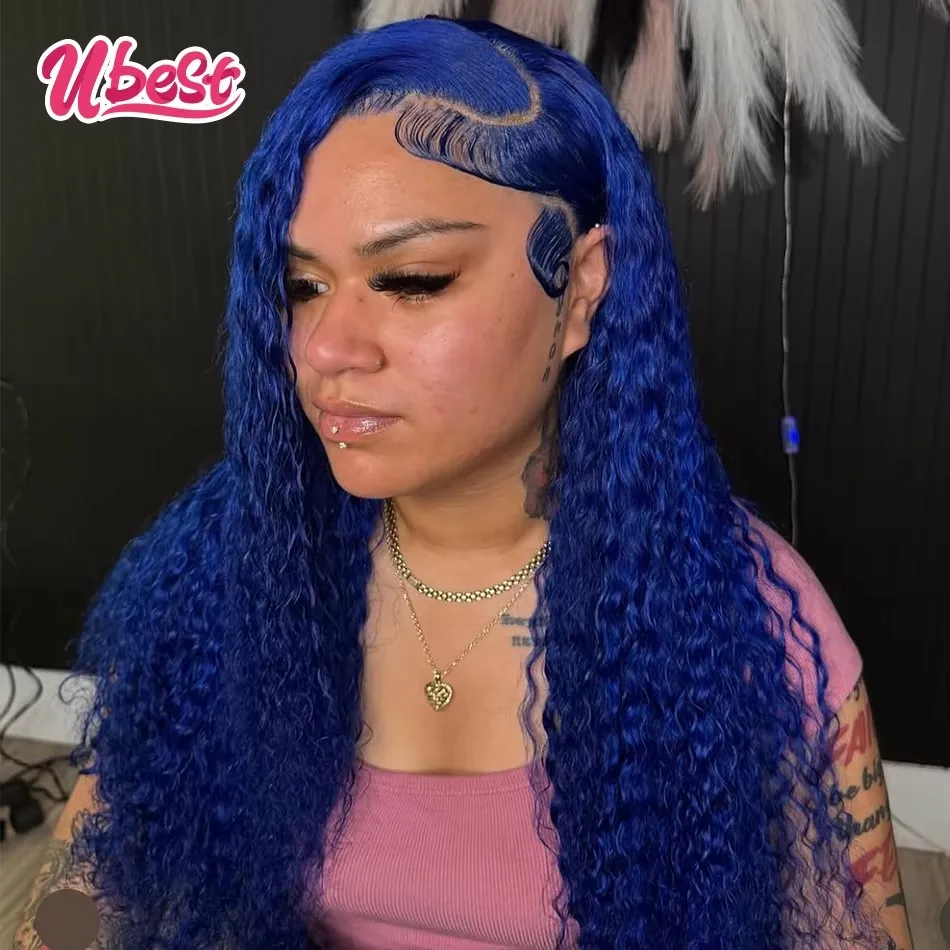 

Ubest 13X6 Transparent Lace Front Wigs Curly Water Wave 100％ Human Hair Dark Blue Colored 5X5 6X2 Lace Wig Pre Plucked For Women