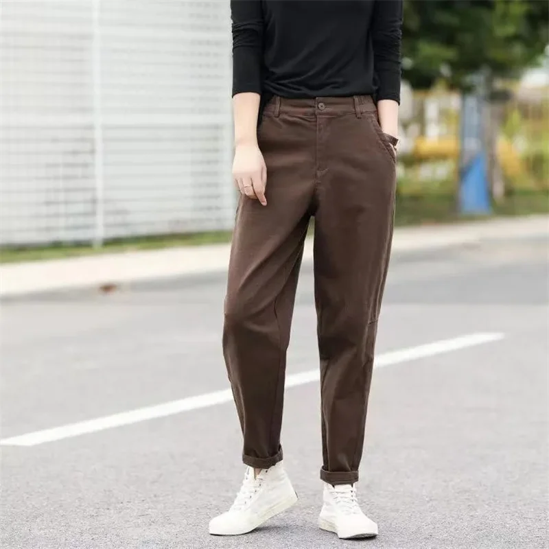 

Female Elastic Waist twill Harlan Pant Women Fashion High Waisted Casual Trousers Lady Solid Color Work Clothes Pencil Pantalons