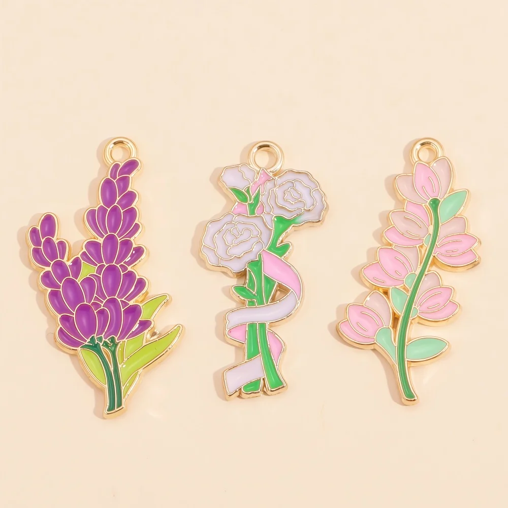 10Pcs Colorful Enamel Plant Flower Charms Rose Violet Flower Lily Design Pendants for Women Jewelry Making DIY Accessories