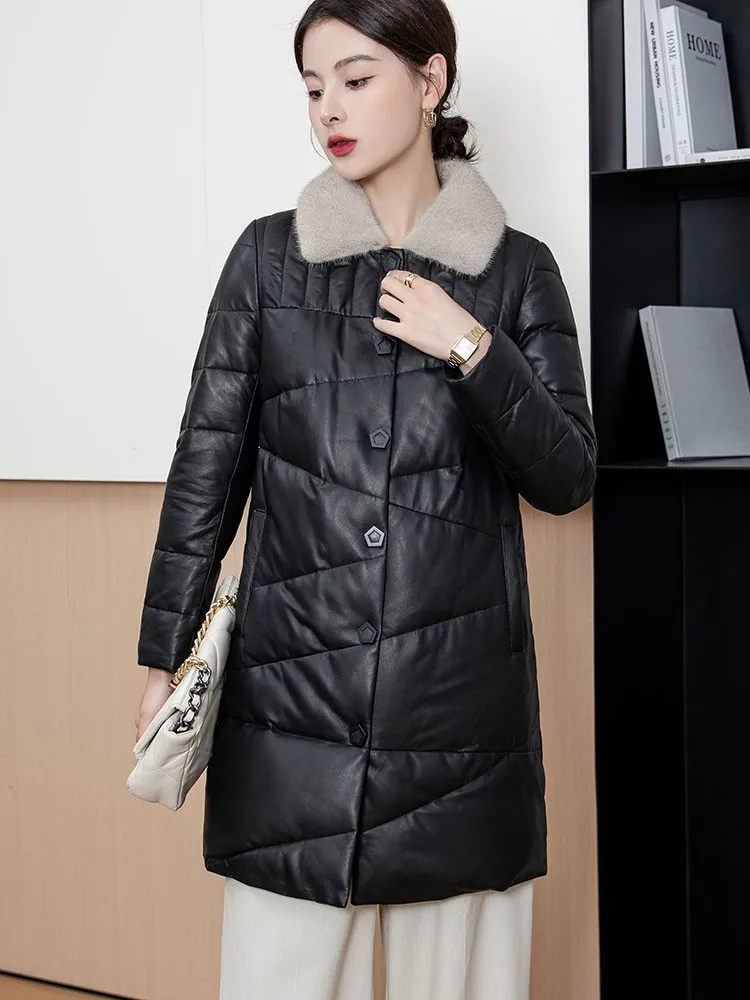 Piumino da donna in vera pelle invernale caldo collo in pelliccia di visone slim fit monopetto moda giacca di pelle di pecora medio lunga femminile