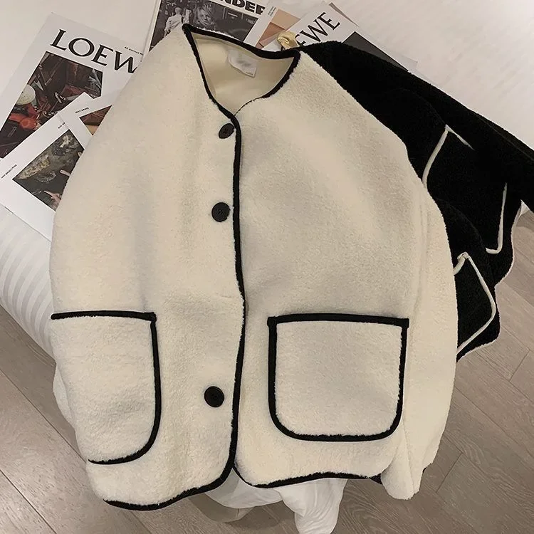 Plus Size Autumn/Winter Round Neck Sheep Velvet Jacket Women's 2024 New Style Korean Loose-Fit Stylish Petite Cropped Jacket