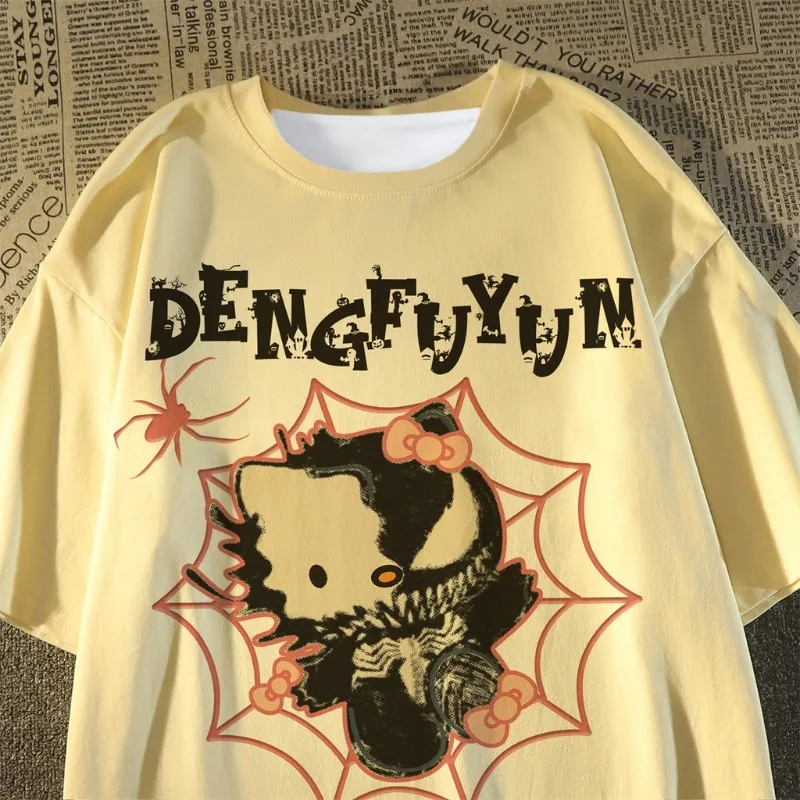 

2025 Хэллоуин Hello Kitty, милая забавная футболка с 3D принтом мультфильма, летняя женская очень большая футболка, уличная одежда