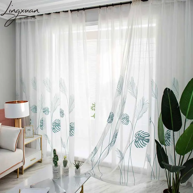 Embroidered Palm Leaves Tulle Window Curtain For Living Room Bedroom Plant Voile Sheer Curtains Kitchen Treatments Panel Drapes