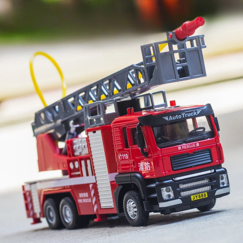 1:50 Alloy Ladder Fire Truck Water Tanker Car Model Toys Metal Diecast Vehicle Sound Light Pull Back Rubber Tires Toy Kids Gift