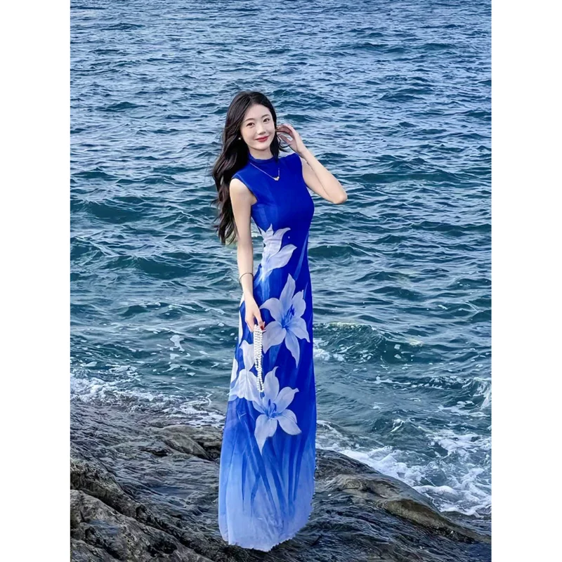 

Новая женская длинная юбка макси 2026 года с синим цветочным принтом в китайском стиле, в холодных тонах, сексуальная, повседневная, из полиэфирного волокна, с завышенной талией
