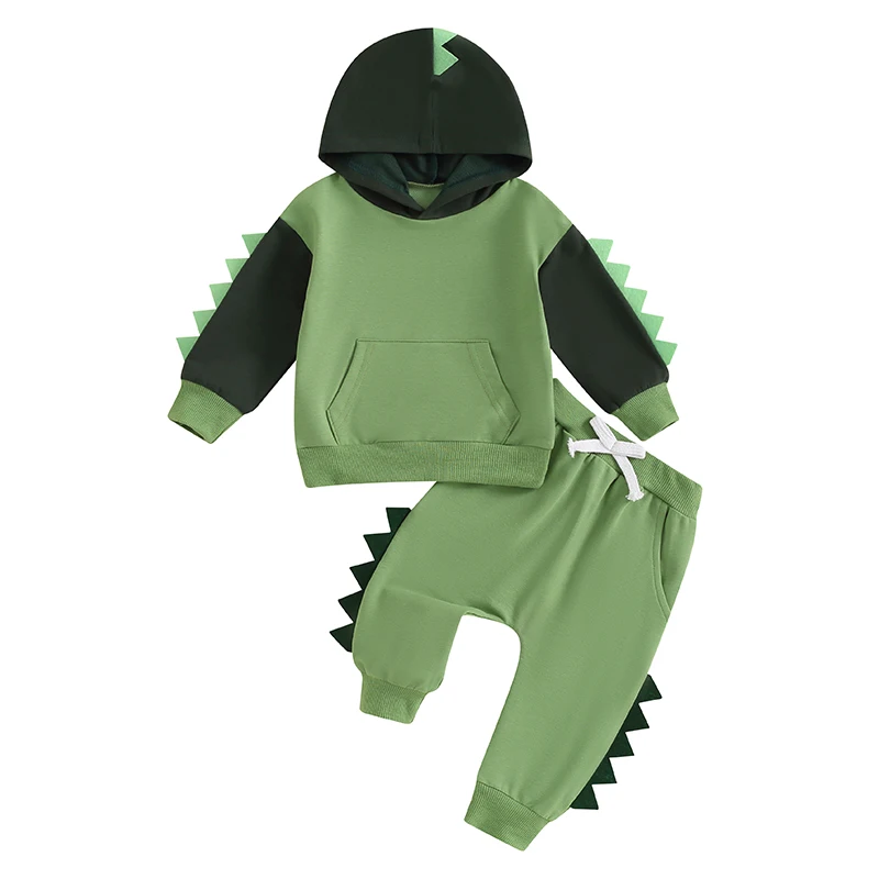 

Toddler Boy Dinosaur Outfits Contrast Color Long Sleeve Hoodie Elastic Waist Pants 2 Piece Set for Fall