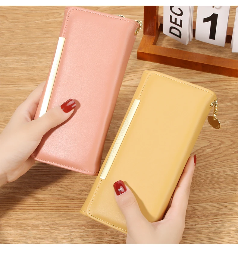 Damen Lange PU-Geldbörse 2-fach Faltbar Einfarbige Clutch mit Mehreren Kartenfächern Große Kapazität Reißverschluss-Geldbörse Koreanischer Stil Damen-Handgeldbörse – Detail 7