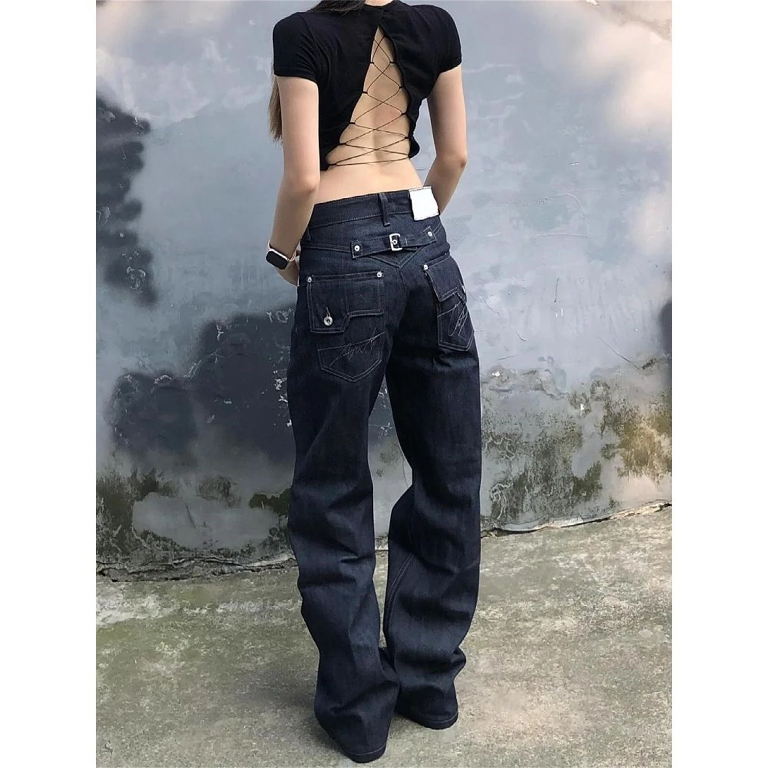 بنطلون جينز نسائي عالي الخصر وواسع الساق باللون الأزرق الداكن وجيب مطبوع عليه زهور وإبزيم خلفي وتفاصيل عتيقة مغسولة Y2K ملابس الشارع الشهير من قماش الدنيم #5