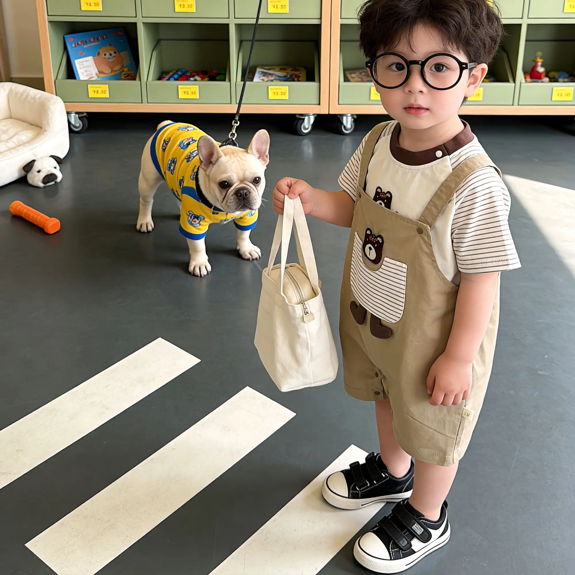 tenue-imprimee-ours-et-chiot-pour-bebes-garcons-t-shirt-a-manches-courtes-short-a-bretelles-ensemble-2-pieces-vetements-d'ete-decontractes-pour-les-tout-petits