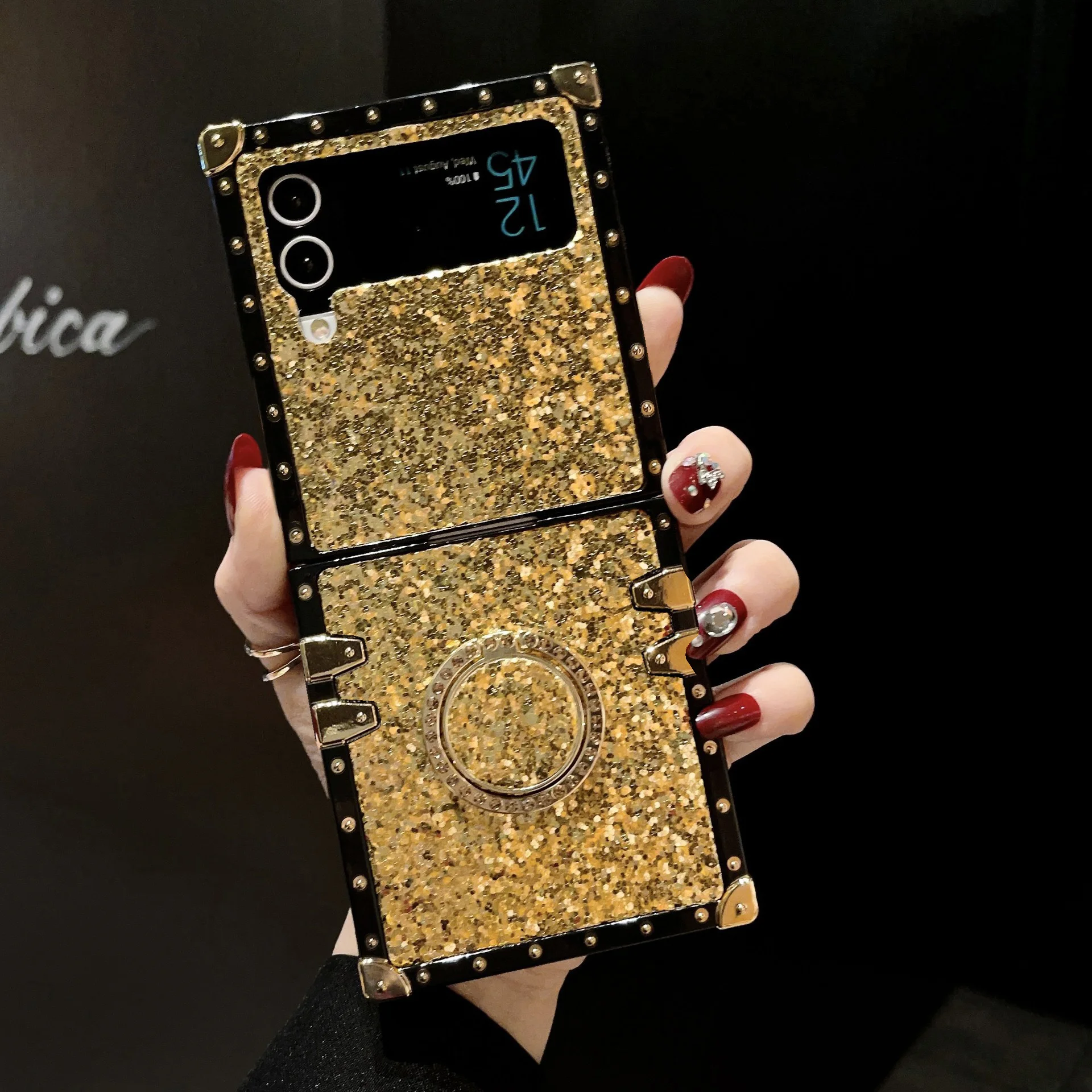 Luxuriöse künstliche Glitzer-Strass-Leder-Handyhülle für Samsung Galaxy Z Flip 8 7 6 5 4 3 Flip7 FE mit glänzendem Halter. – Detail 4