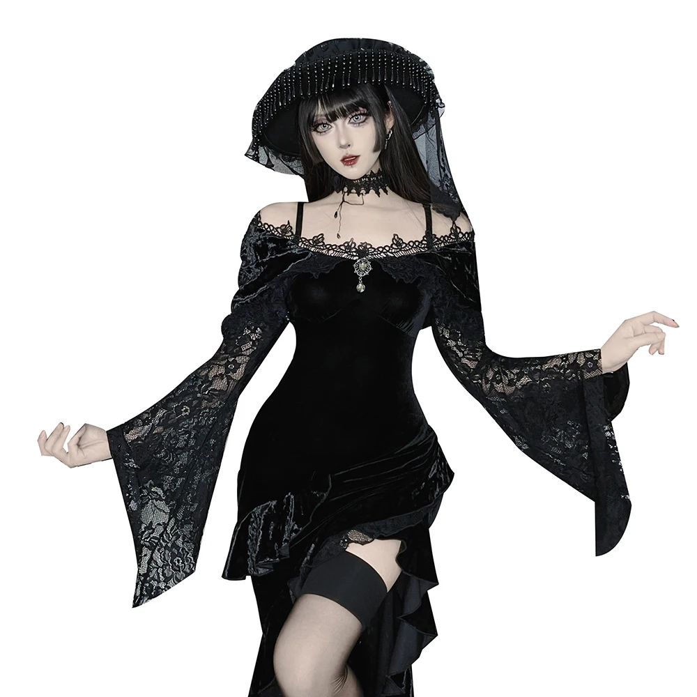 

2025 New Harajuku Lolita Fairy Core Party Dress Gothic Grunge Punk Women Dress Sexy Slim Long Sleeve Lace Slim Black Dresses