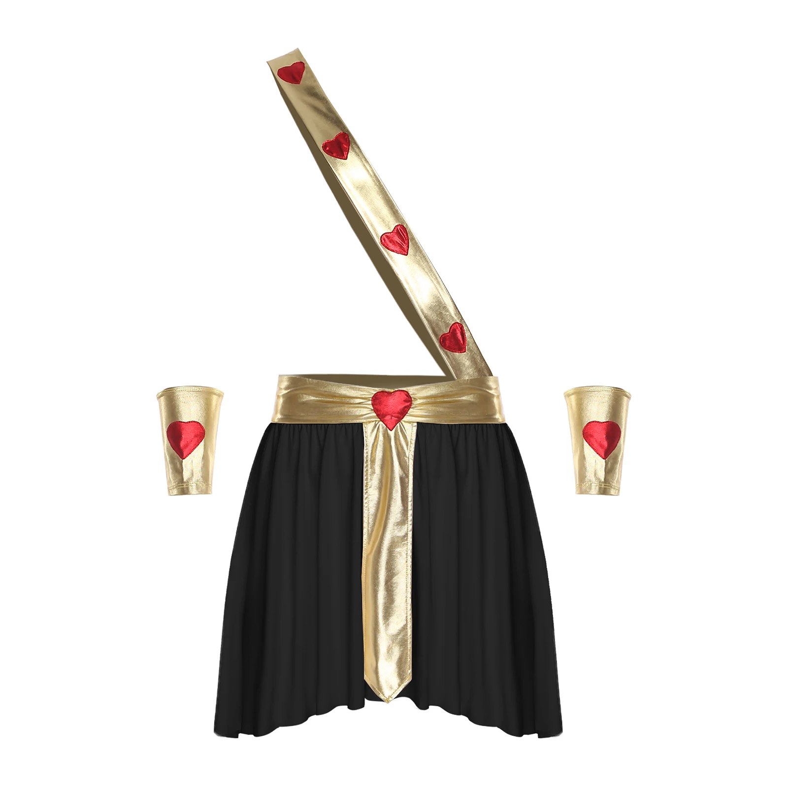 

Men Romantic God of Love Prince Cosplay Outfits Heart Pattern Skirt with Metallic Sash And Cuffs for Halloween Performance Wear