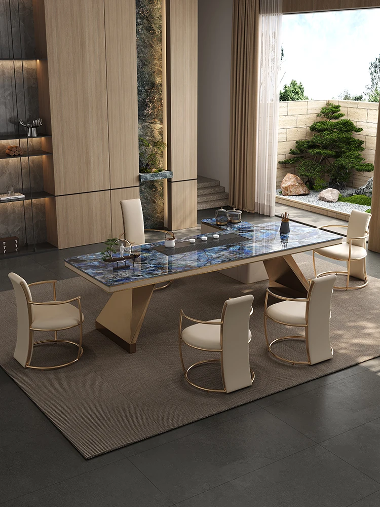 Rock-plate tea table and chair combination office designer advanced sense villa simple luxury stone big tea table