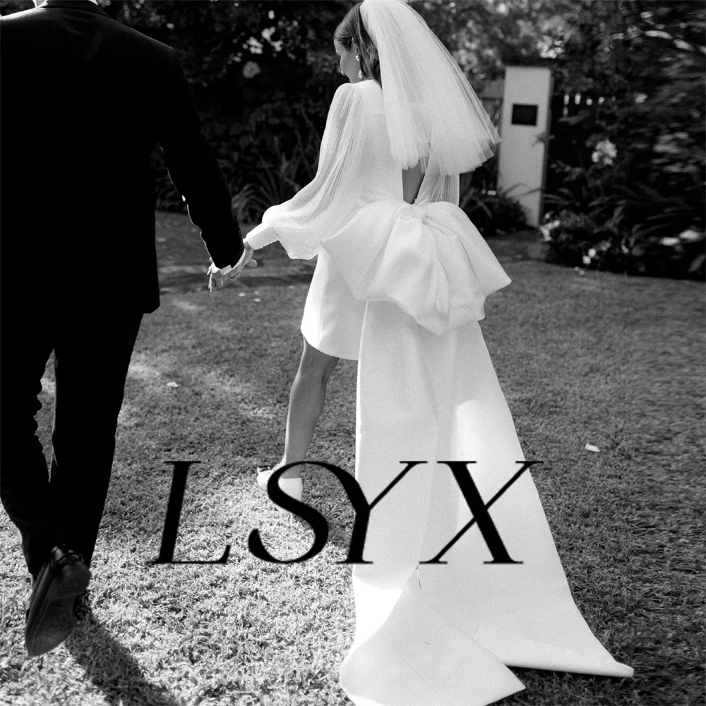 LSYX V-Neck Illusion Long Puff Sleeves Satin Mini Wedding Dress Big Bow Open Back Above Knee Short Bridal Gown Custom Made