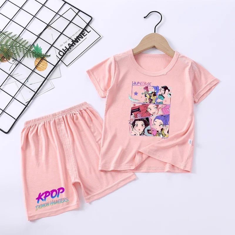 Kpop demon hunters criança pijamas conjunto meninos meninas anime impressão manga curta terno de duas peças dos desenhos animados verão casual homewear crianças presente