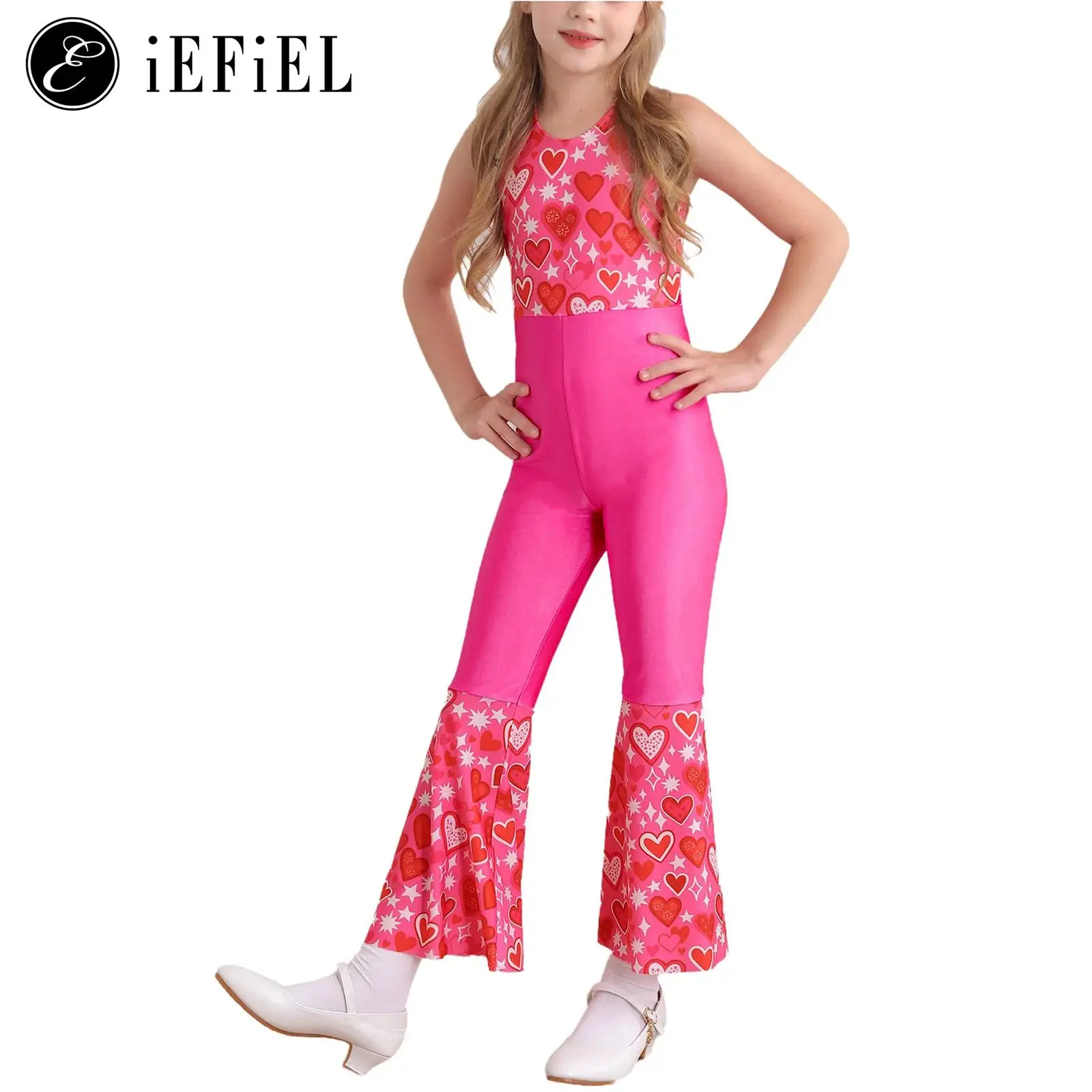 Kids 90s Flapper Modern Ballroom Stage Performance Costume Floral Halter Bell Bottom Jumpsuits Latin Jazz Party Dancewear