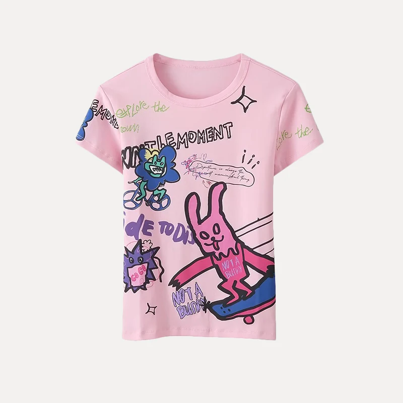 

Summer 2025 Women's Loose ort Sve T-irt Fun Pattern Commute Sle Polyester Fiber round Ne Creative Cartoon Design