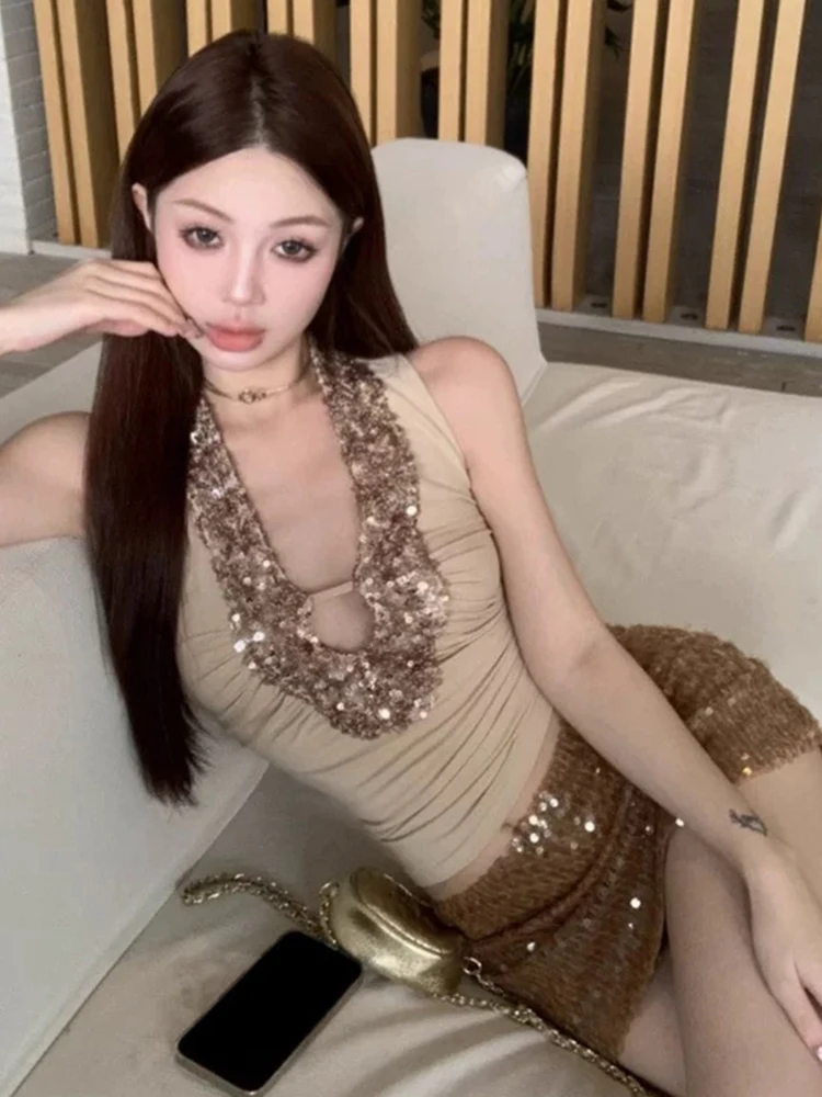 غريب سنور بريق تانك القمم المرأة Y2K الترتر Ruched العميق الخامس الرقبة نحيل مطاطا شيك الأساسية الكلاسيكية الصيف الاتجاه الشارع سترة
